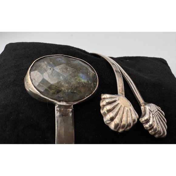 Silver Tone Faceted Labradorite Sea Shell Wrap Bangle Adjustable Boho Bracelet - Picture 5 of 12